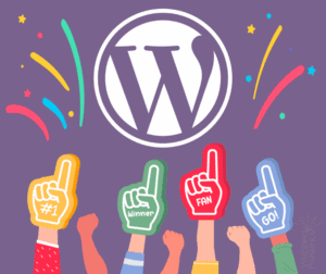 Chart: Site Platforms as a Total of All Websites, with WordPress at 43% Wordpress logo with celebratory art