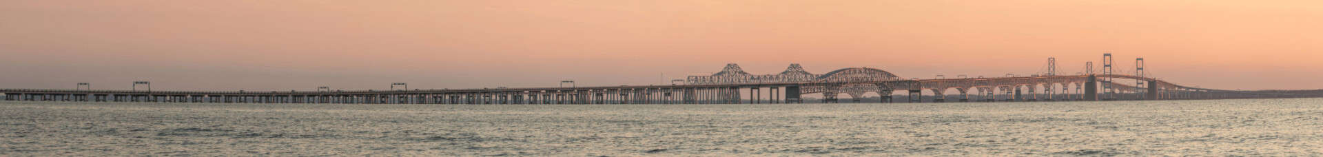 Full length of the Chesapeake Bay Bridge, photographed on a hazy day