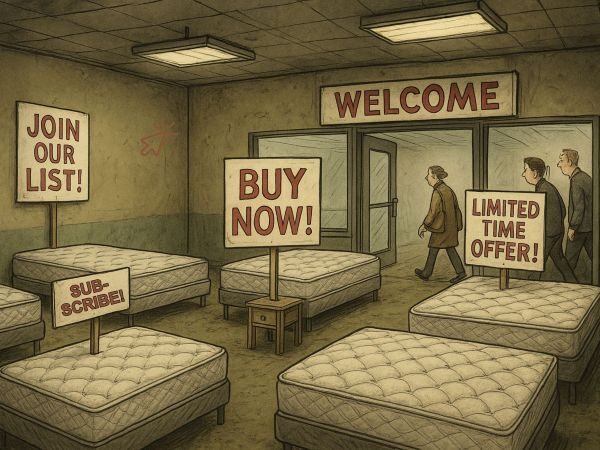 AI-generated image of a dirty, dingy mattress store with mattresses labeled "Buy Now! Subscribe! Join Our List!" etc. Customers walk right on past the open front door without entering.